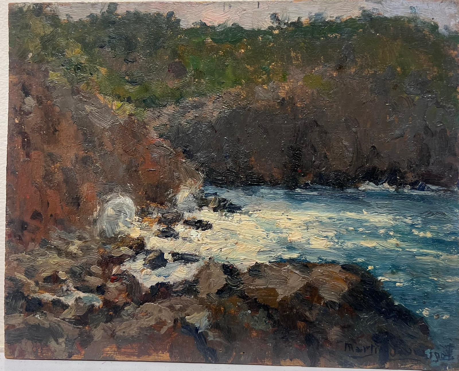 Feines antikes französisches impressionistisches signiertes Ölgemälde, Crashing Waves, Felsenküste, antik – Painting von Charles Martin-Sauvaigo