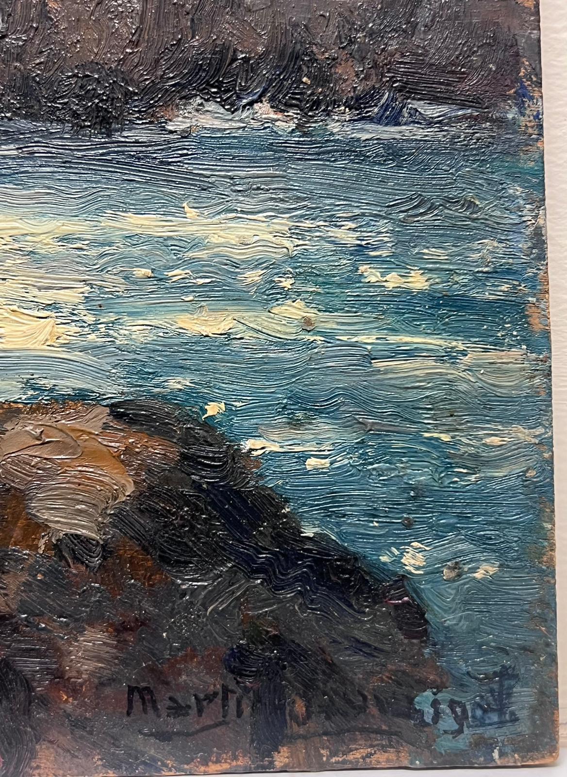 Feines antikes französisches impressionistisches signiertes Ölgemälde, Crashing Waves, Felsenküste, antik (Impressionismus), Painting, von Charles Martin-Sauvaigo
