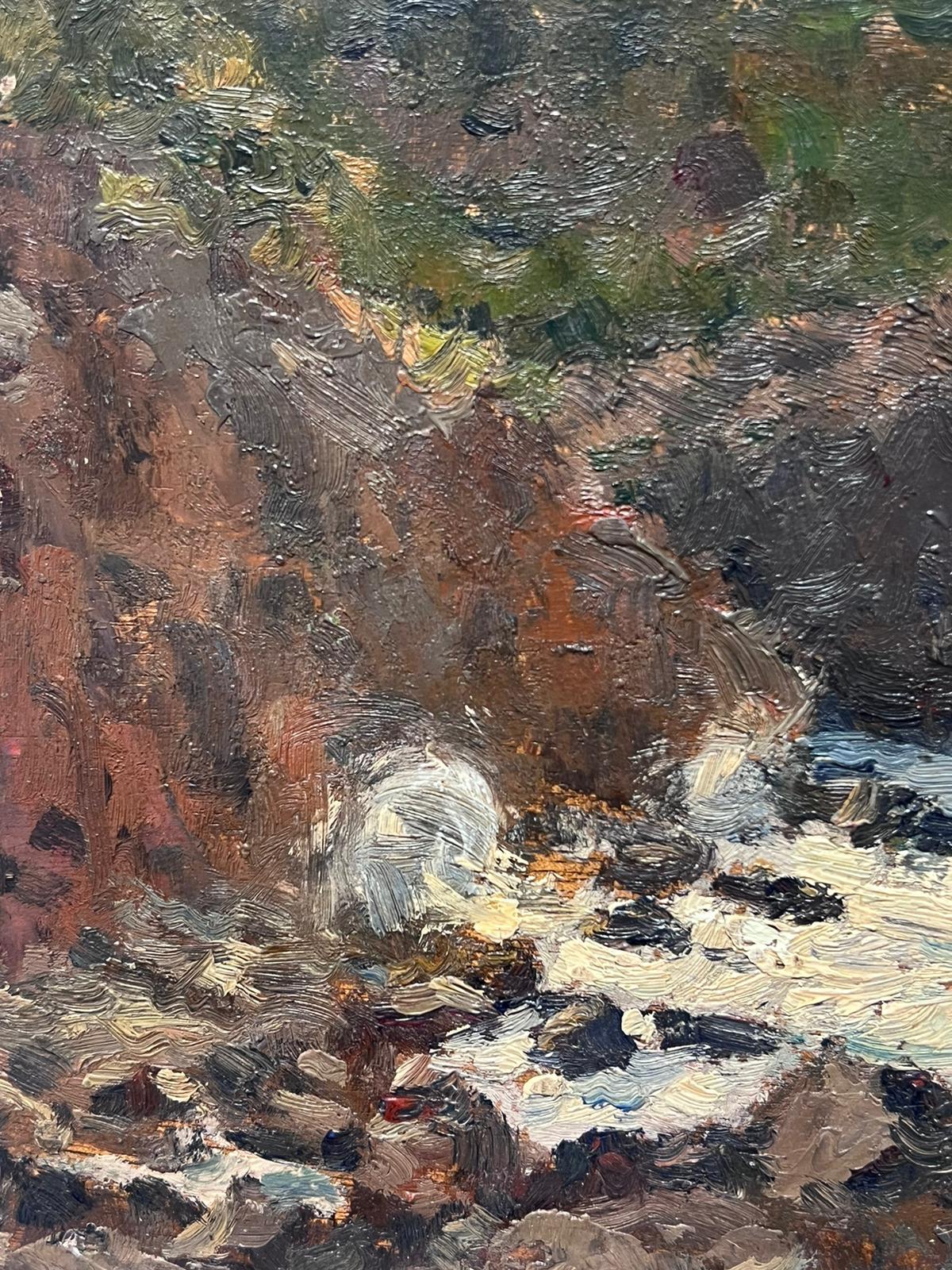 Feines antikes französisches impressionistisches signiertes Ölgemälde, Crashing Waves, Felsenküste, antik (Schwarz), Landscape Painting, von Charles Martin-Sauvaigo