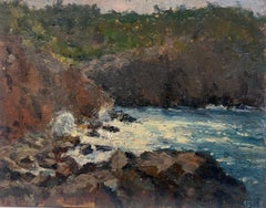 Belle peinture à l'huile ancienne signée d'un impressionniste français, vagues déferlantes, côte rocheuse