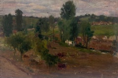 Belle peinture à l'huile impressionniste française ancienne, signée, représentant un paysage de rivière Dusky