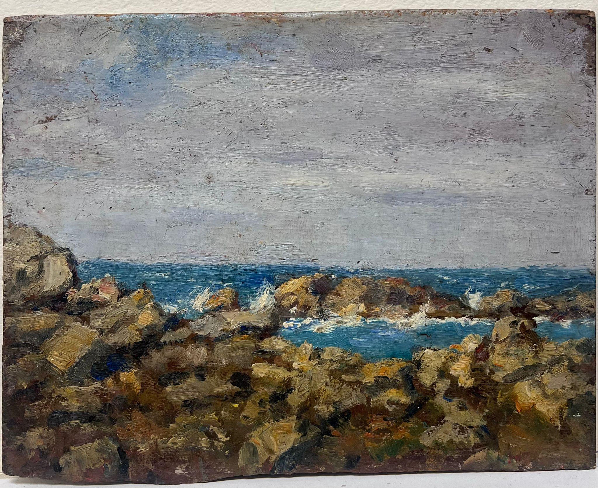 Fine Antique French Impressionist Signed Oil Painting Rocky Coastline Beach Sea - Gray Landscape Painting by Charles Martin-Sauvaigo