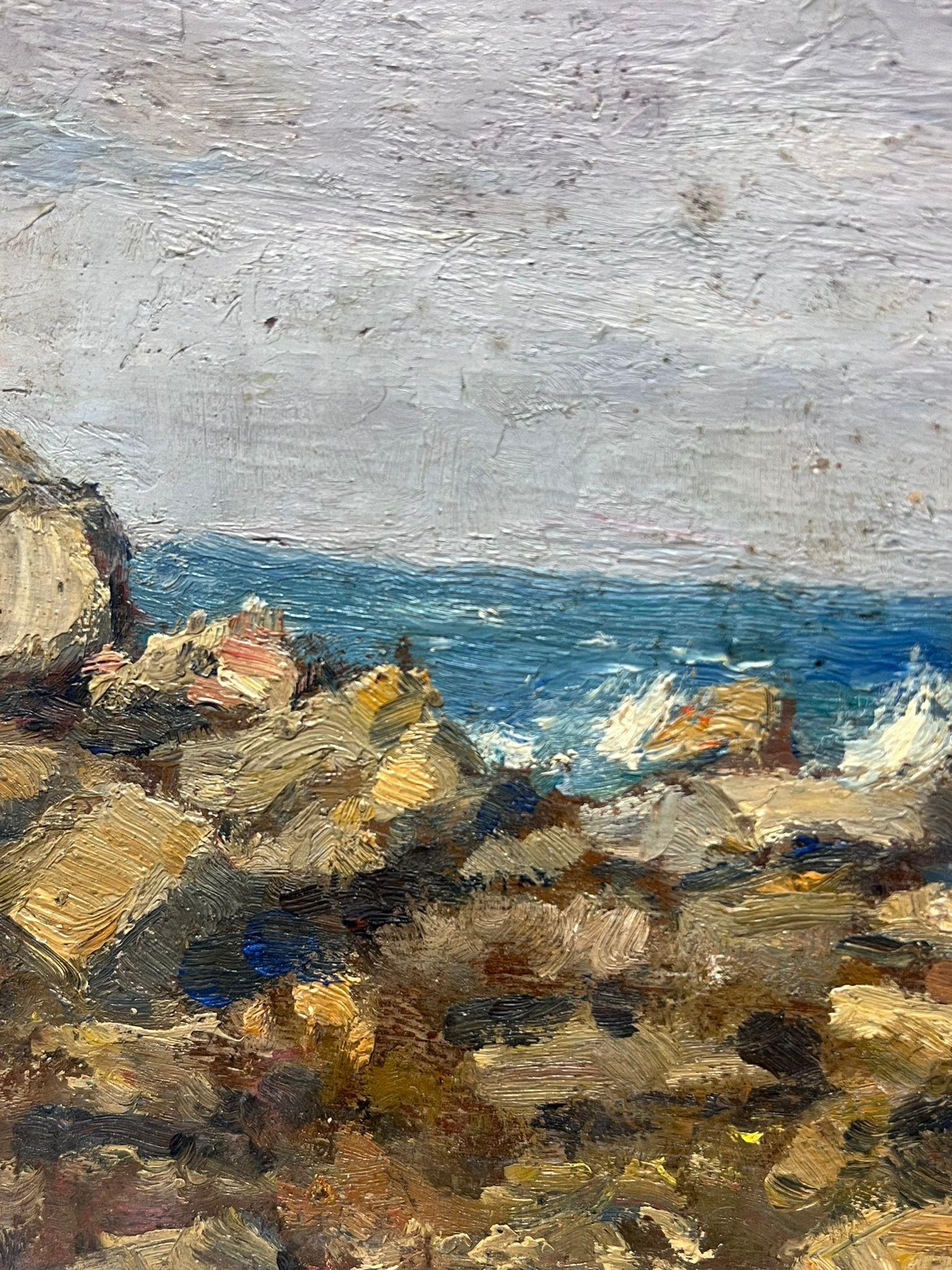 Fine Antique French Impressionist Signed Oil Painting Rocky Coastline Beach Sea For Sale 1