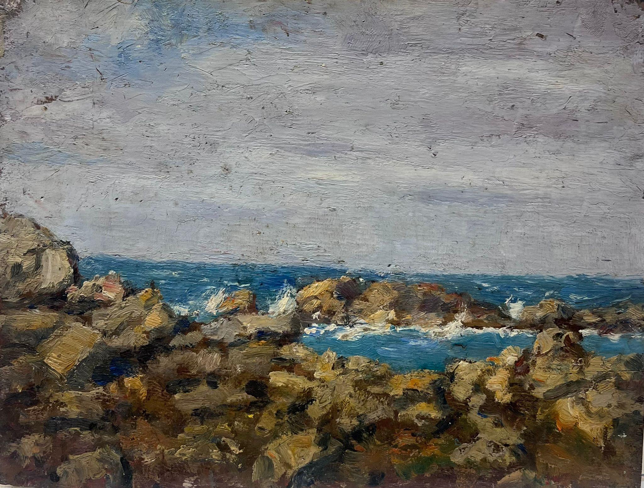 Charles Martin-Sauvaigo Landscape Painting - Fine Antique French Impressionist Signed Oil Painting Rocky Coastline Beach Sea