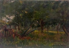 Belle peinture à l'huile impressionniste française ancienne signée Sunlit Woodland Meadows