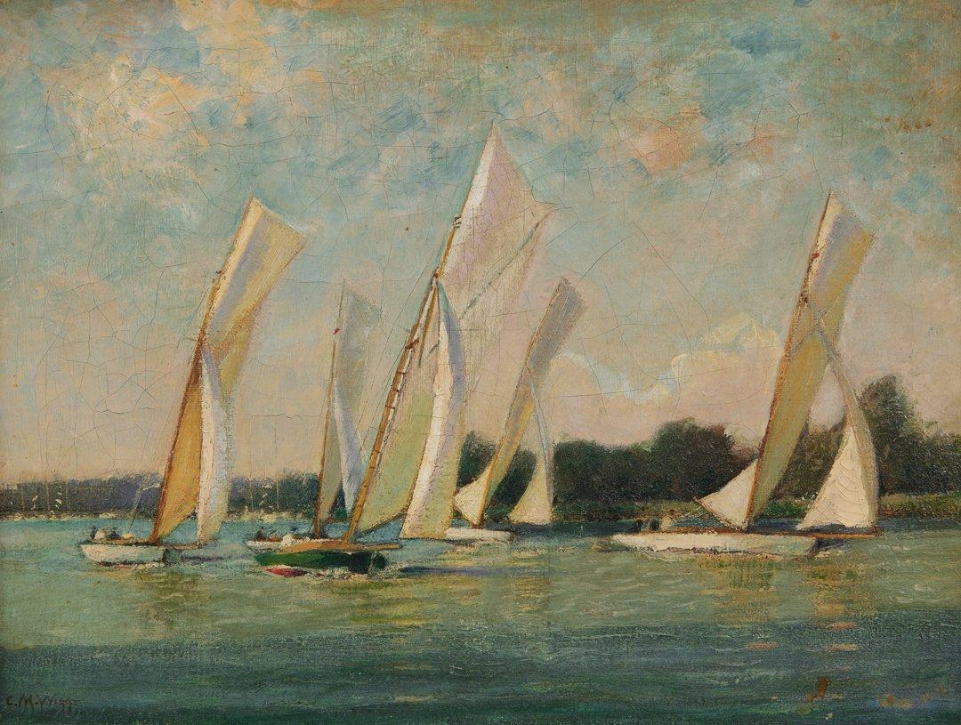 Navegando por los Norfolk Broads, paisaje marino británico de principios del siglo XX con veleros - Painting de Charles Mayes Wigg