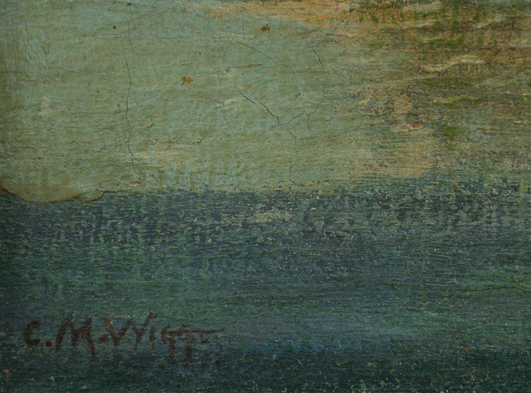 Charles Mayes Wigg (británico, 1889-1969)
Navega por los Norfolk Broads
Óleo sobre lienzo
Firmado abajo a la izquierda, firmado e inscrito verso
12 x 16 pulgadas
16 x 20,5 pulgadas, enmarcado

Charles Mayes Wigg fue un paisajista británico que