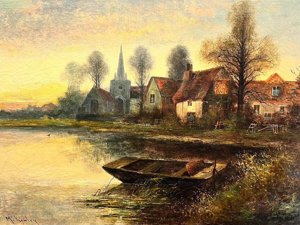 Antique English Signed Oil Sunset River Landscape Boat Old Church & Buildings - Painting by Charles M.C Kinley