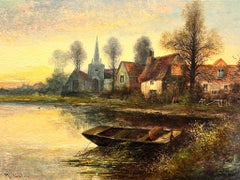 Antique English Signed Oil Sunset River Landscape Boat Old Church & Buildings