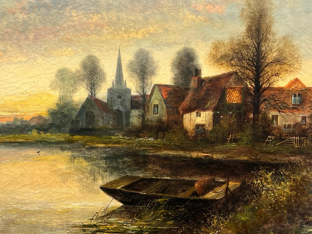 Antique English Signed Oil Sunset River Landscape Boat Old Church & Buildings For Sale 1