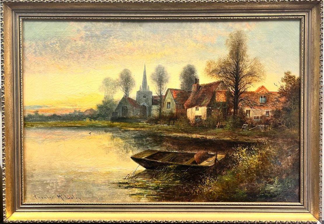 Charles M.C Kinley Landscape Painting - Antique English Signed Oil Sunset River Landscape Boat Old Church & Buildings