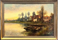 Antique English Signed Oil Sunset River Landscape Boat Old Church & Buildings