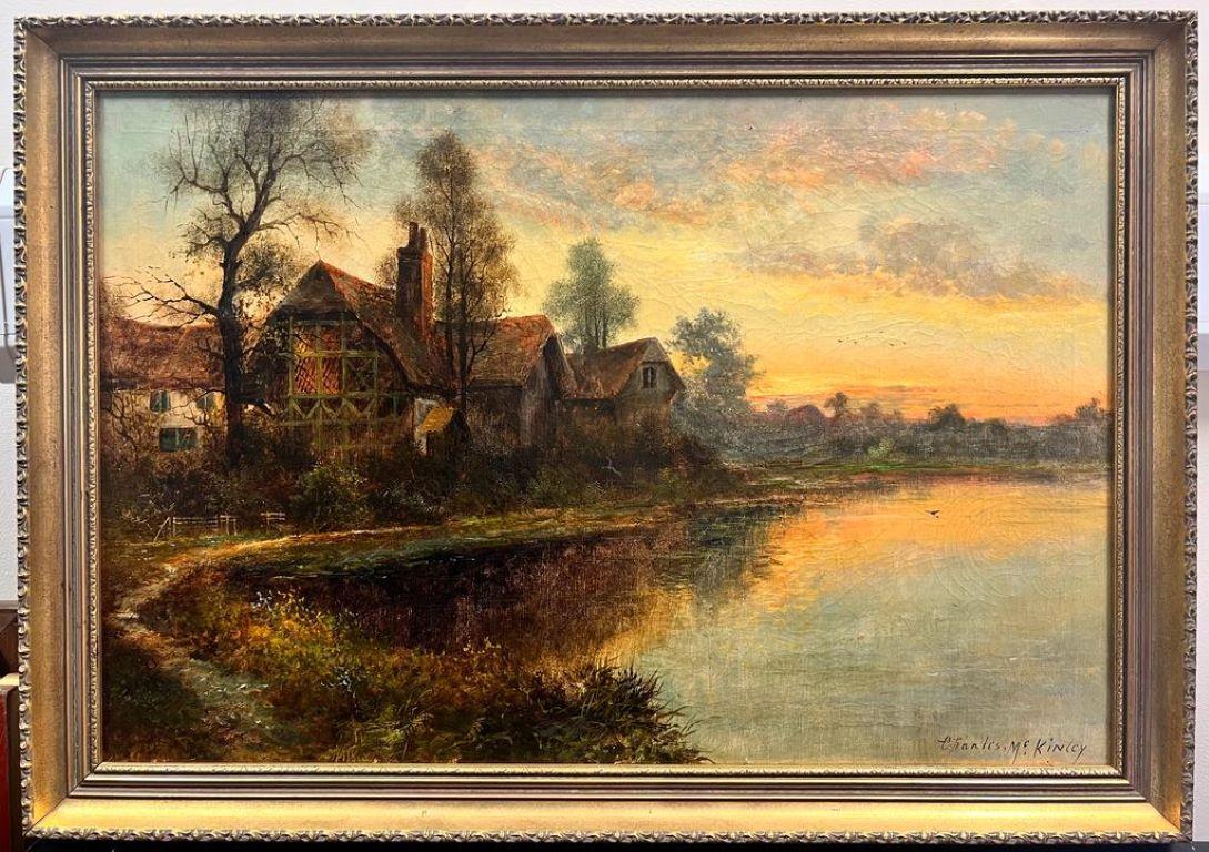 Antique English Signed Oil Sunset River Landscape with Cottages, framed - Painting by Charles M.C Kinley