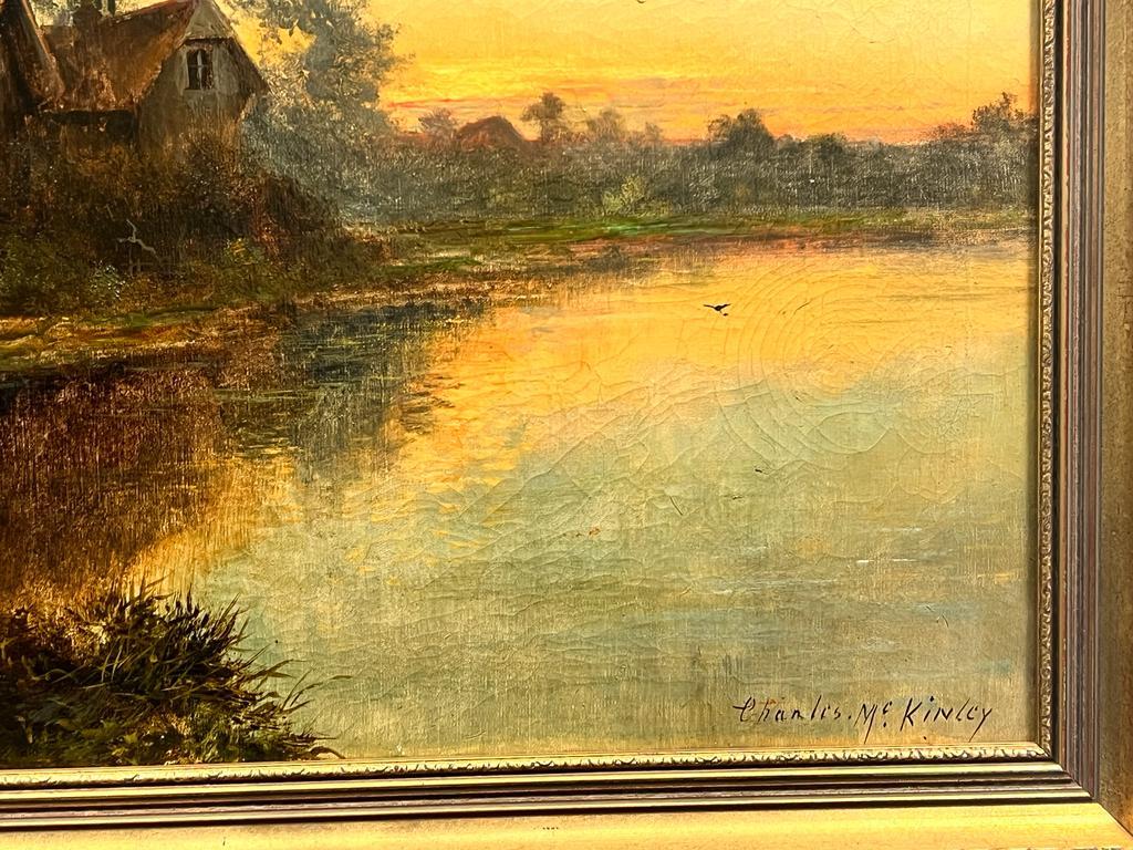 Antique English Signed Oil Sunset River Landscape with Cottages, framed For Sale 1