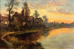 Ancien paysage anglais à l'huile signé représentant un coucher de soleil et des cottages, encadré