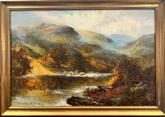 Antique Scottish Highlands Golden Landscape River through the Glen signed oil