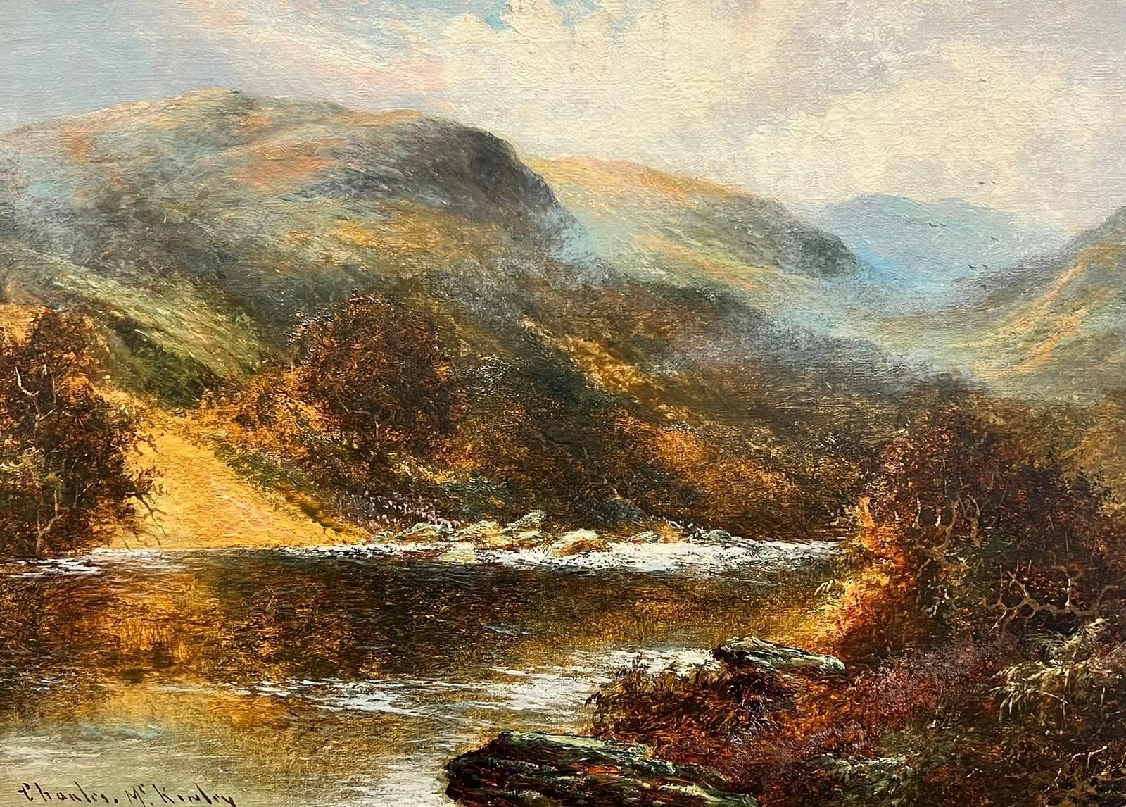 Landscape Painting de Charles M.C Kinley - Antiguo paisaje dorado de las Highlands escocesas Río a través del Glen óleo firmado