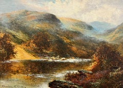 Antique Scottish Highlands Golden Landscape River through the Glen signed oil