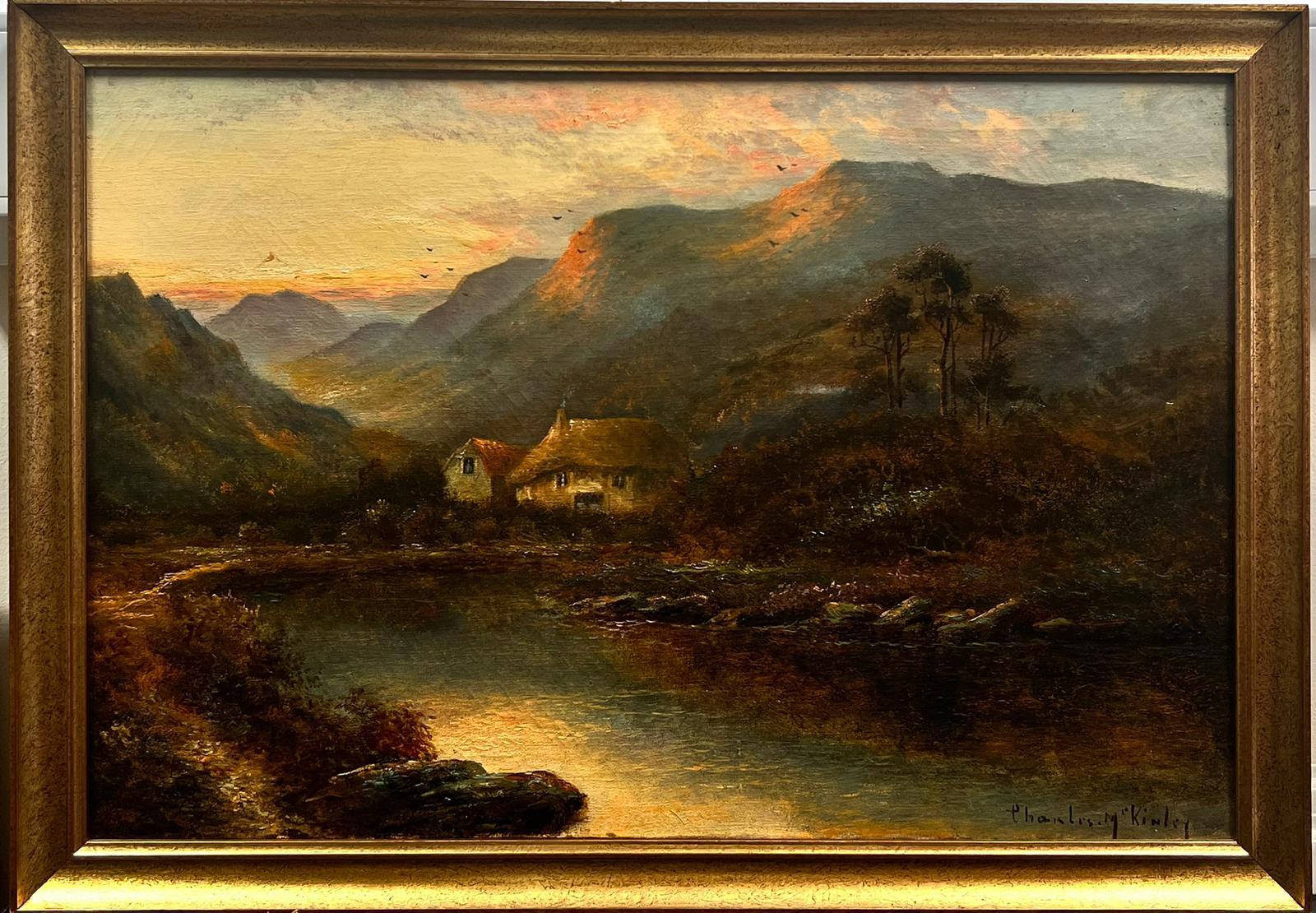 Antique Scottish Signed Oil Sunset over Loch Side Cottages and Mountains  - Painting by Charles M.C Kinley