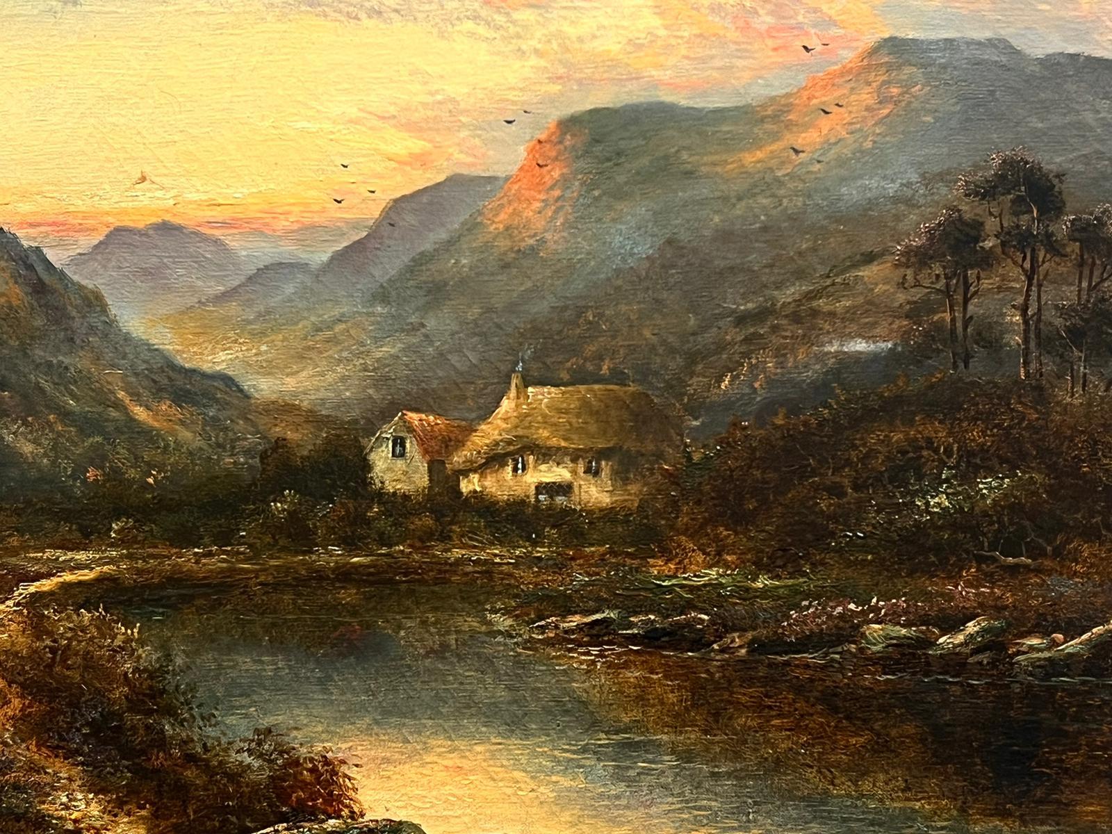 Antique Scottish Signed Oil Sunset over Loch Side Cottages and Mountains  For Sale 1