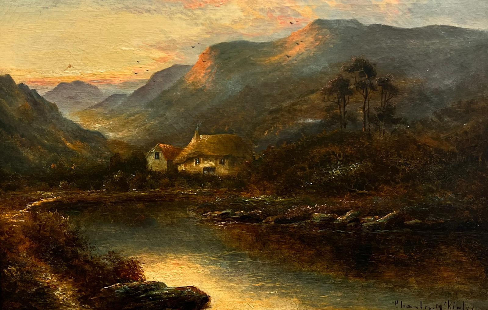 Charles M.C Kinley Landscape Painting - Antique Scottish Signed Oil Sunset over Loch Side Cottages and Mountains 