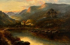 Antique coucher de soleil écossais à l'huile signé au-dessus de cottages et de montagnes de Loch Side 