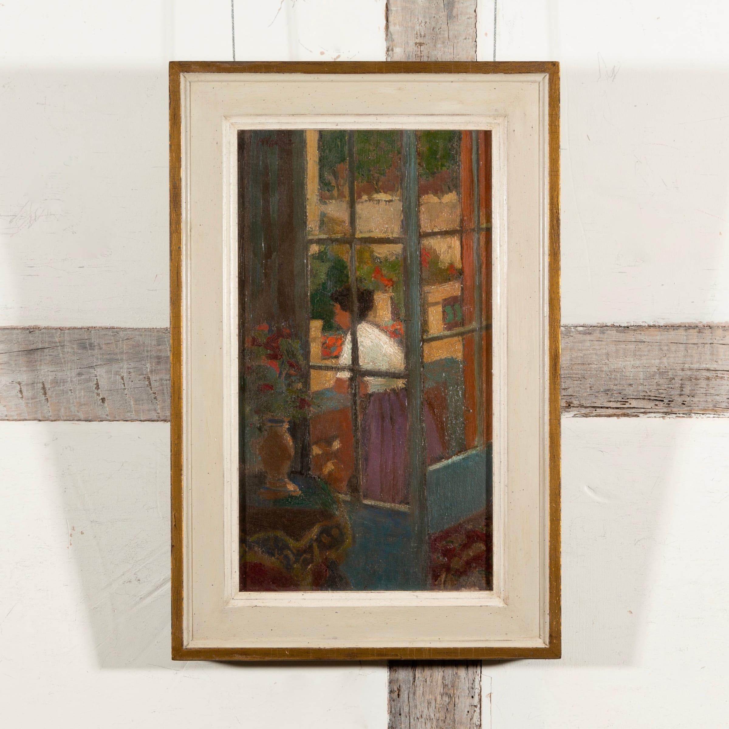 Jeune fille à travers une fenêtre, huile sur carton de Charles McCall, vers 1950/53 en vente 1