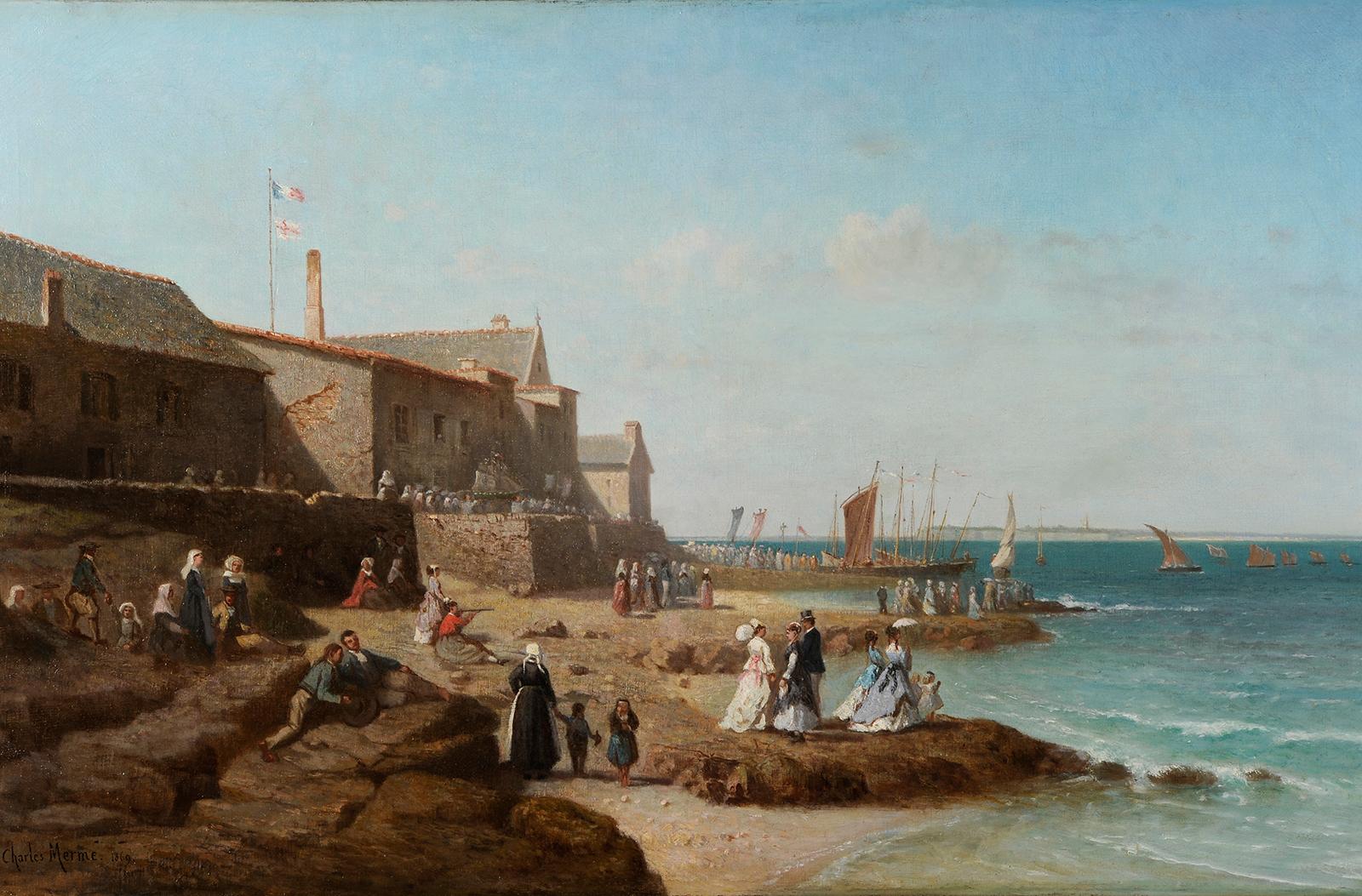 Charles Merme (1818-1869) The blessing of Coureau de Groix in Larmor Brittany - Painting de Charles Mermé