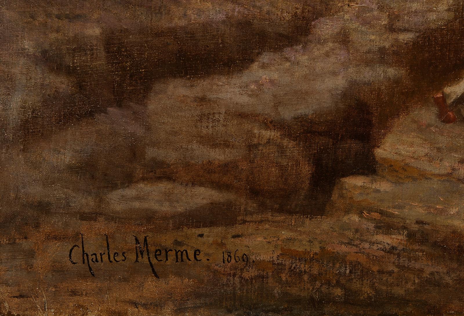 Charles Merme (1818-1869) The blessing of Coureau de Groix in Larmor Brittany - Marron Landscape Painting par Charles Mermé