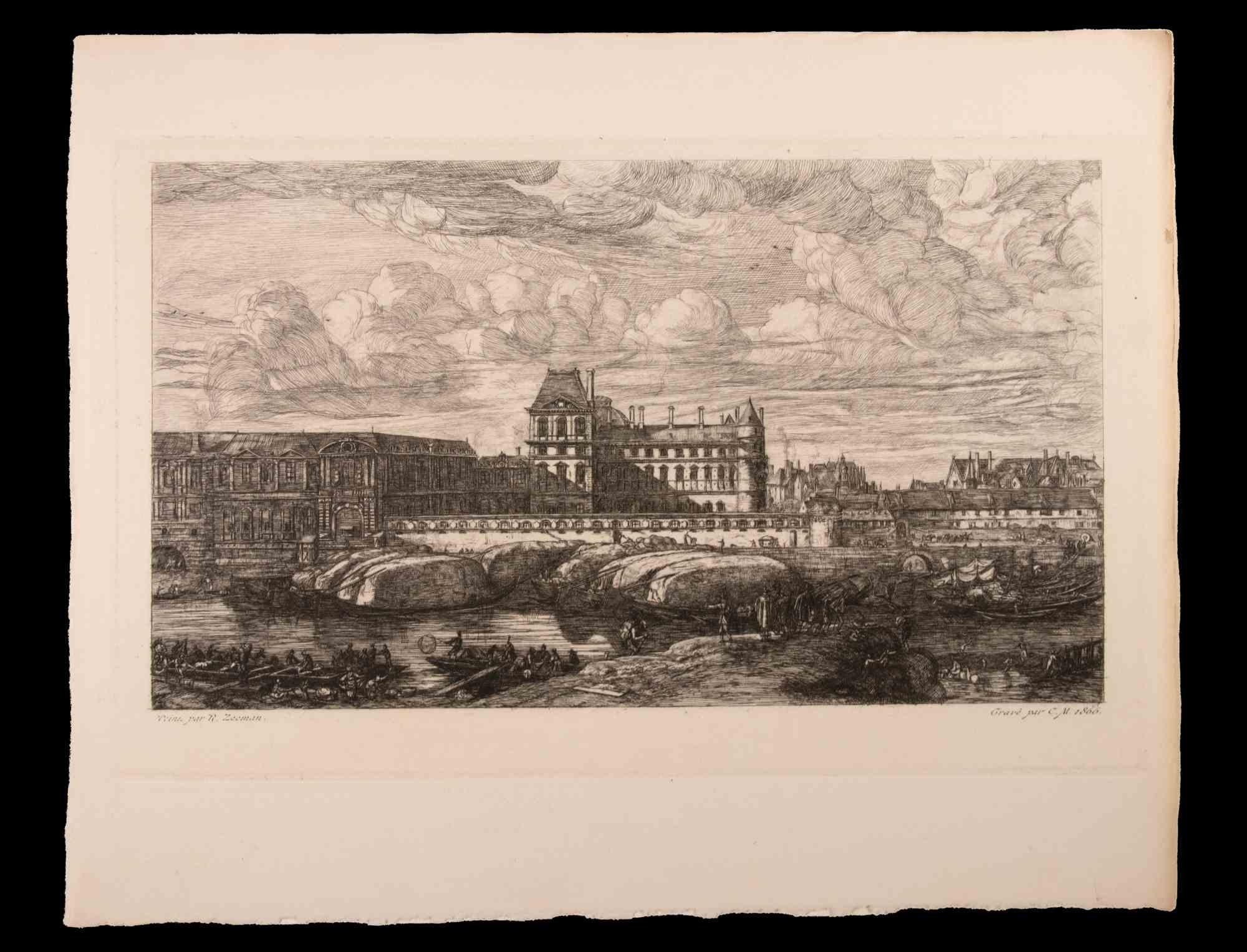 Charles Meryon Landscape Print - City Landscape - Original Etching by C. Meryon - 1866
