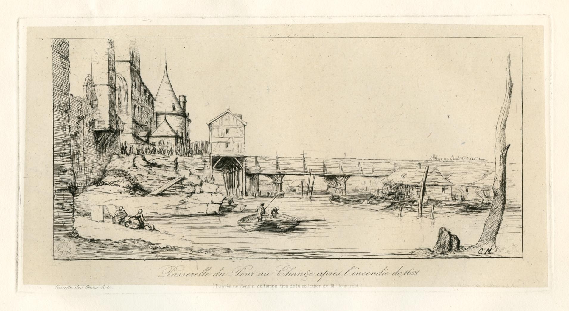 Charles Meryon Portrait Print - "Passerelle du Pont au Change" original etching