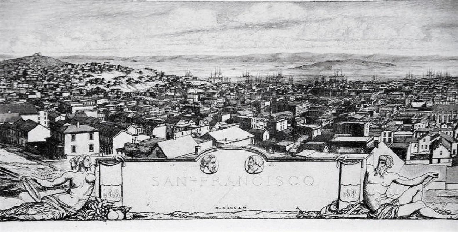 San Francisco. 1855-56. Etching on steel, based upon photographs. Delteil-Wright catalog 73; Schneiderman catalog  54 state iv (with lettering). 9 1/2 x 39 1/4 (sheet - sight size 8 1/8 x 38 1/2). frame 16 x 45 1/2). Printed by A. Delâtre in an