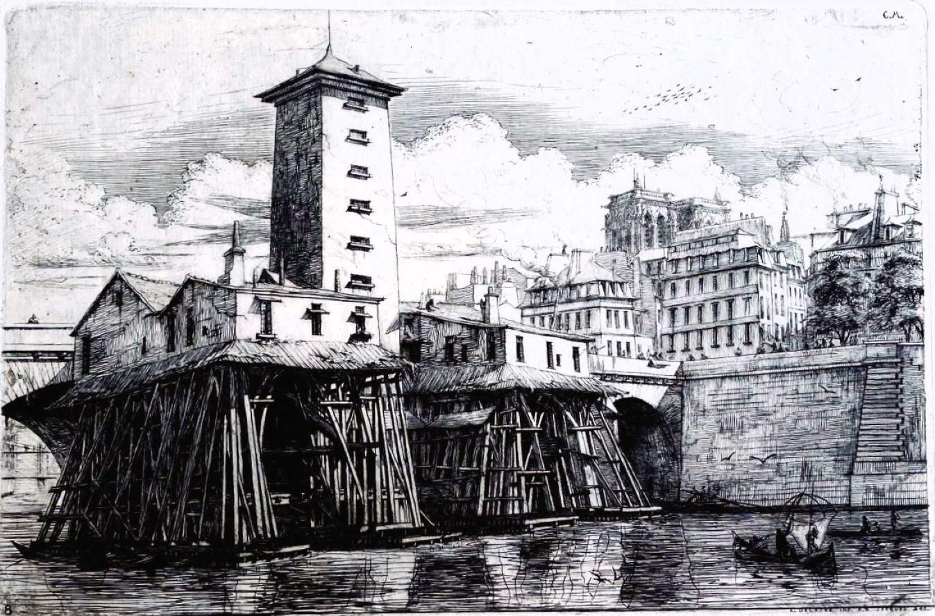 Landscape Print de Charles Meryon - La Casa de Bombas, Notre Dame, París