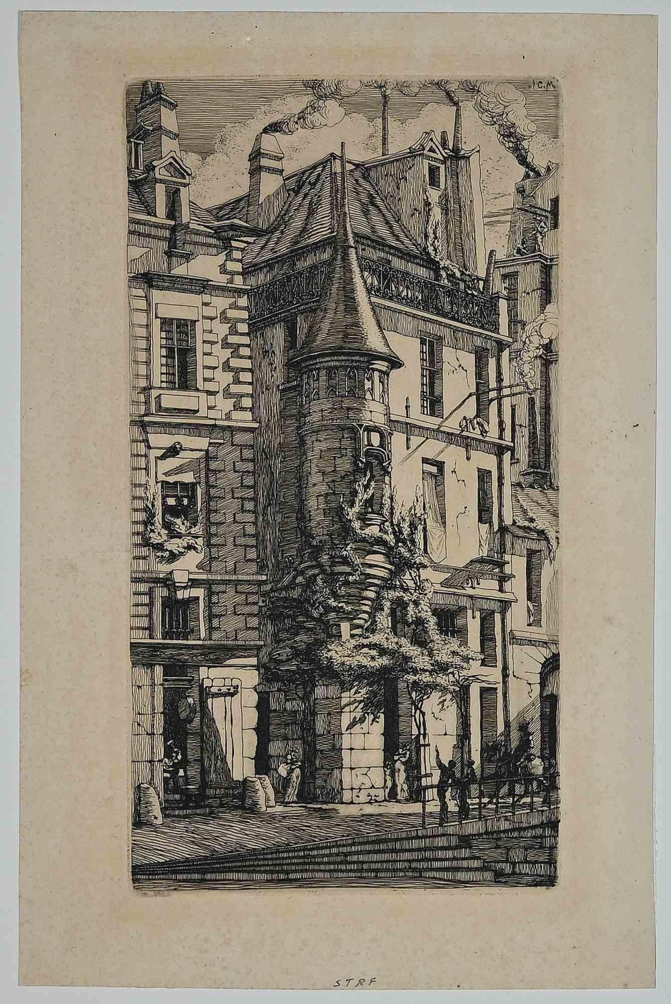 Tourelle de la Rue de la Tixeranderie - Original Etching by C. Meryon - 1852