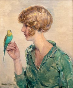 Signora con pappagallino" di Charles Michel (Liegi 1874 - 1967 Messico)