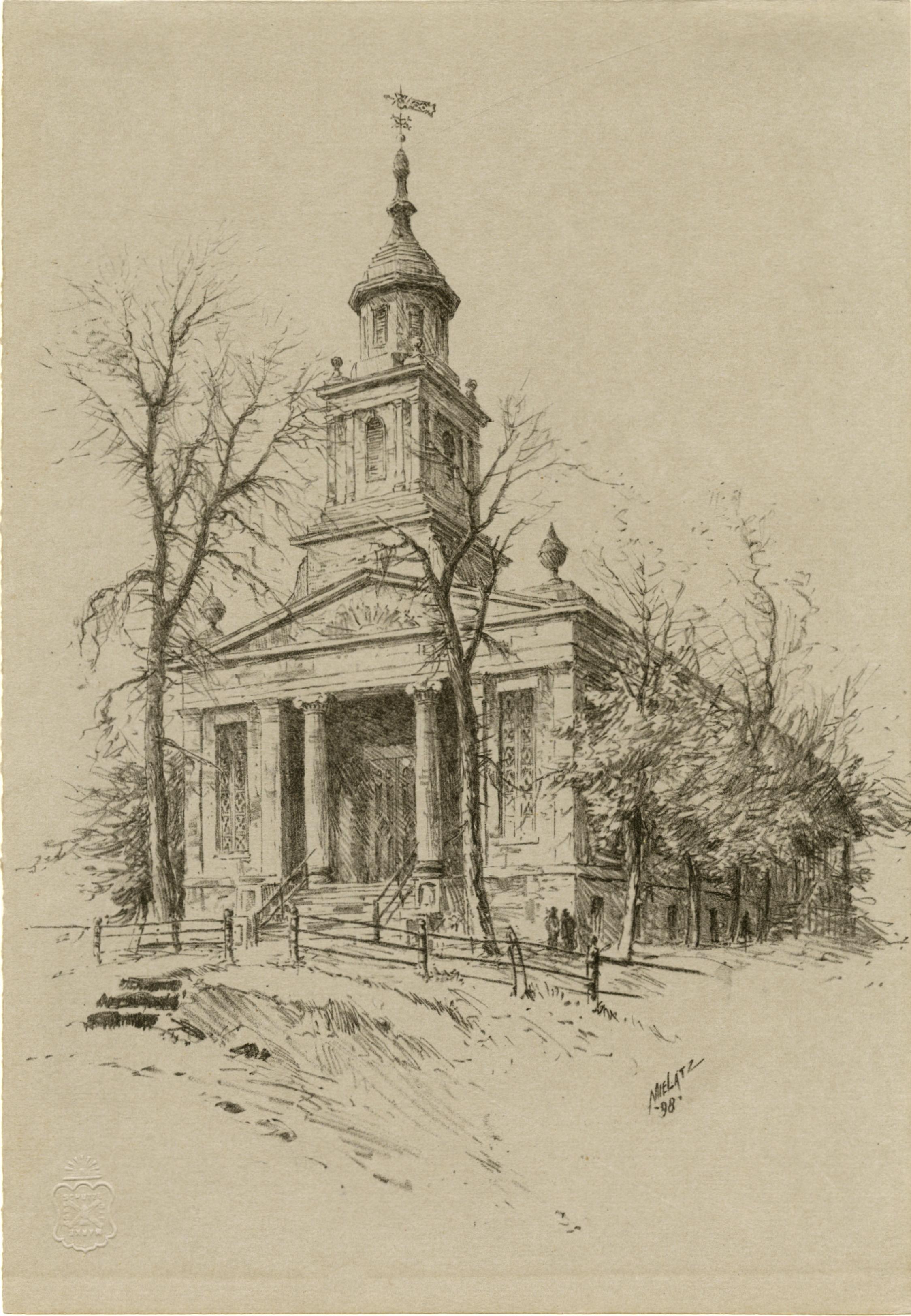 Charles Mielatz Landscape Print - Dutch Reformed Church, Kingsbridge Road (Bronx, New York)