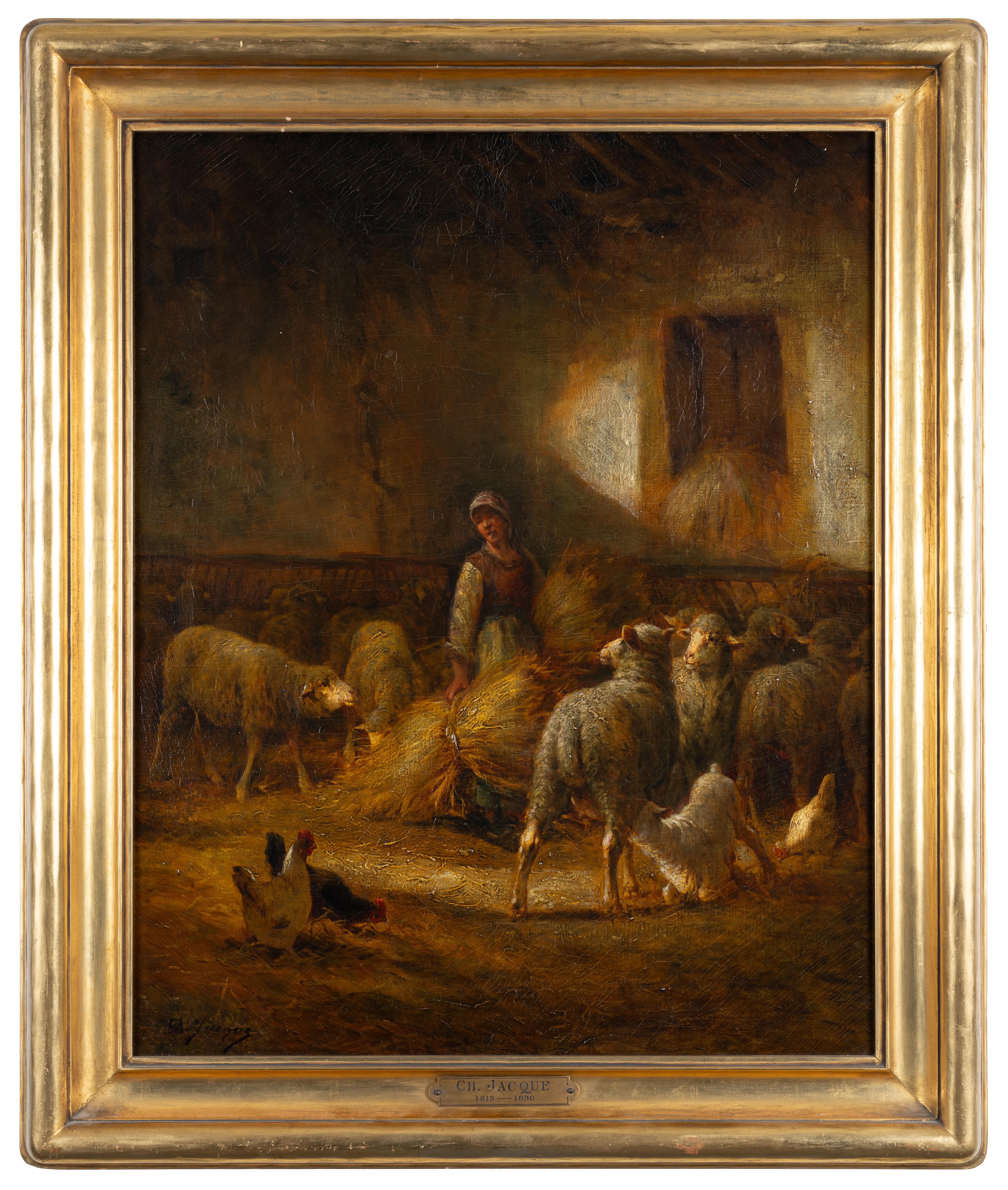 Charles-Émile Jacque Animal Painting – Shepherdess and Sheep in the Stable
