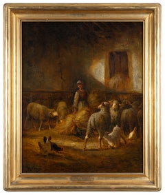 Antique Shepherdess and Sheep in the Stable