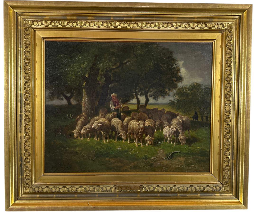 Charles Émile Jacque Landscape Painting - Barbizon School Antique Oil Painting On Canvas 1840s, Size: 20.50″x 25.75″