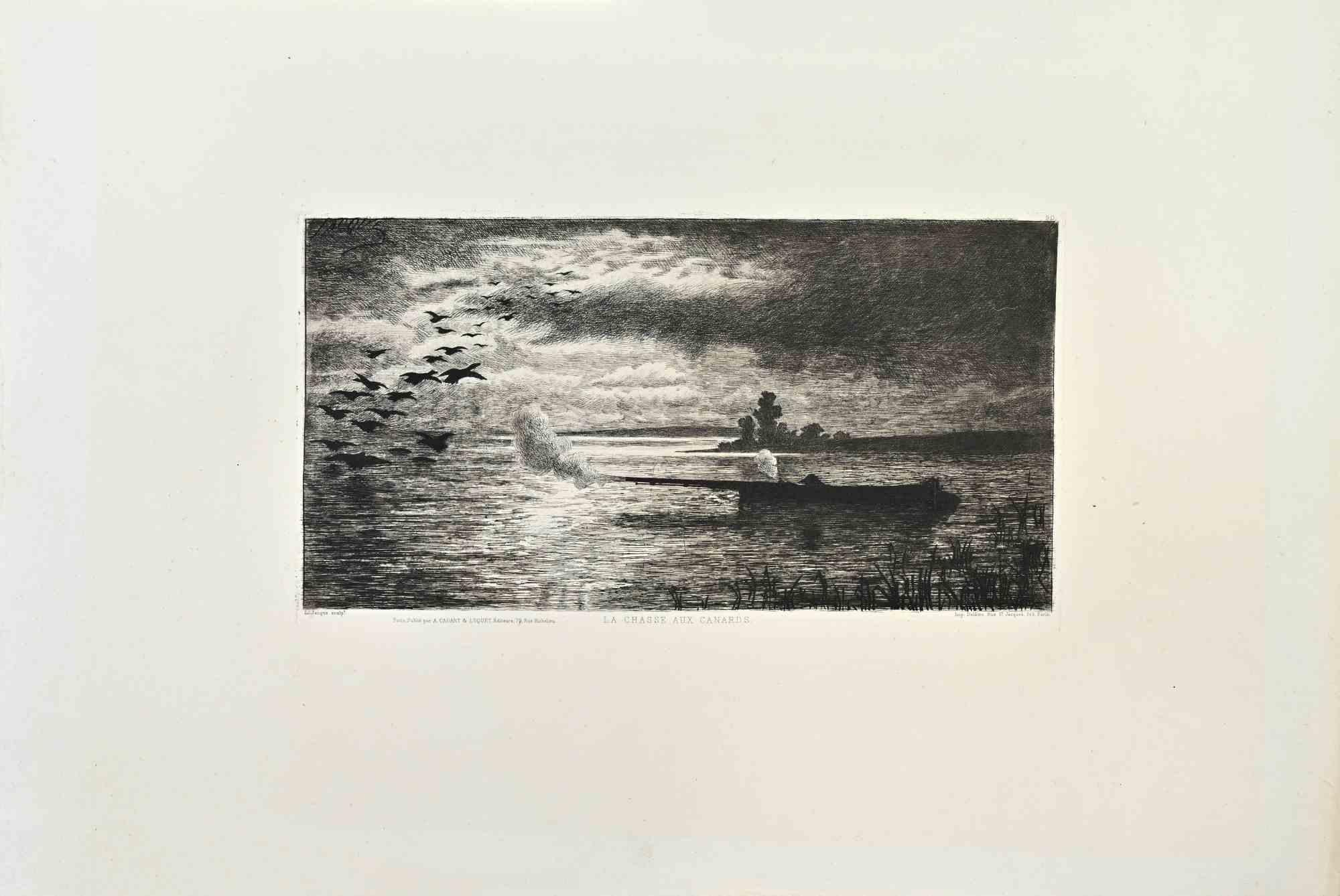 La Chasse aux Canards is a black and white etching realized by Charles Émile Jacque (French, 1813–1894) in 1870s.

Titled in the lower.

Image size: 30.5cmx16cm.

Very Good condition.

Signed in the plate in the upper right.

Realized by Cadart for