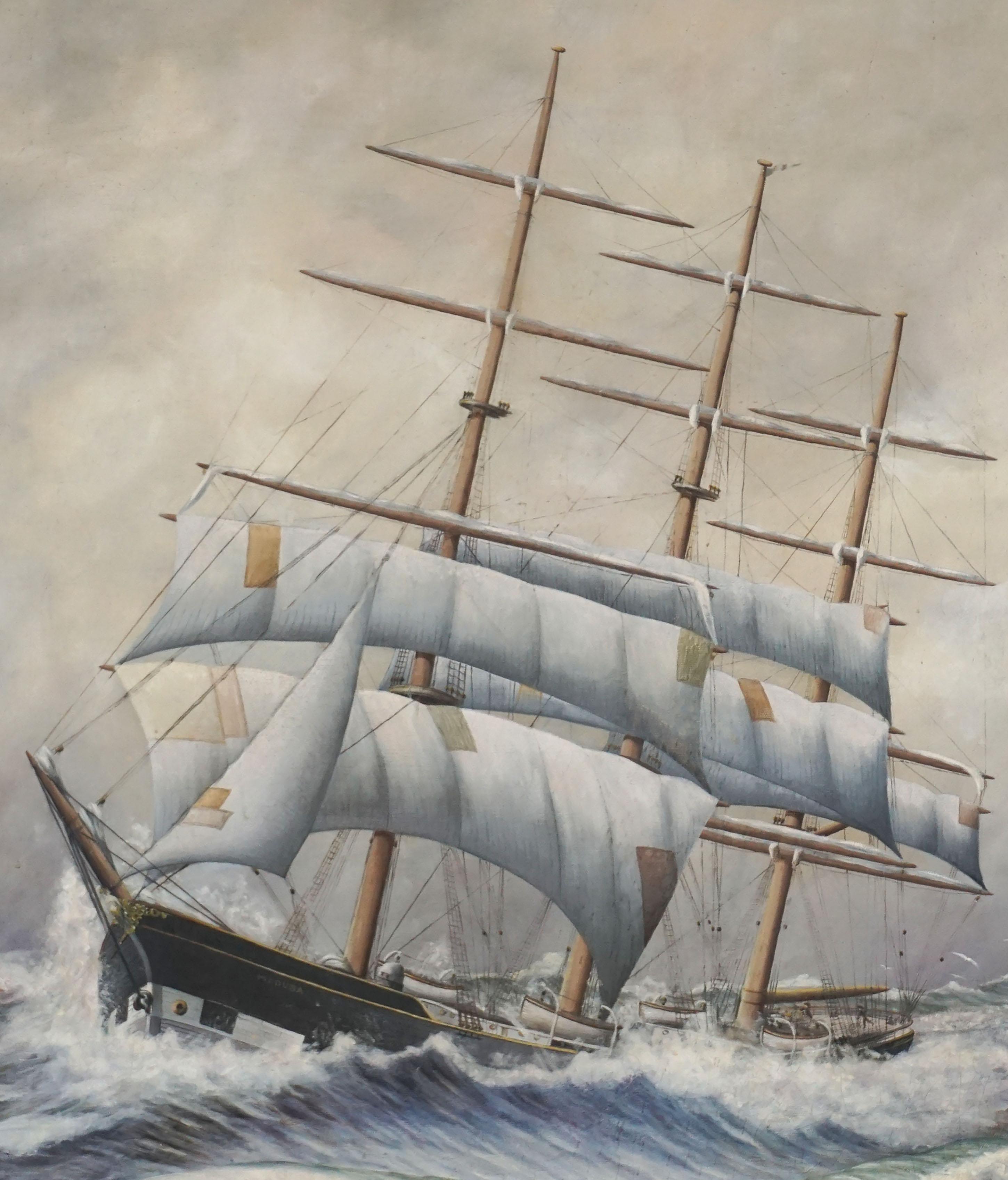Large Scale Maritime Painting -- Three Masted Braque in Rough Seas - Gray Landscape Painting by Charles Miller