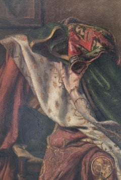 Pittura Accademica Francese MONGINOT Orientalista Natura Morta Lampada Tappeto Libri XIX