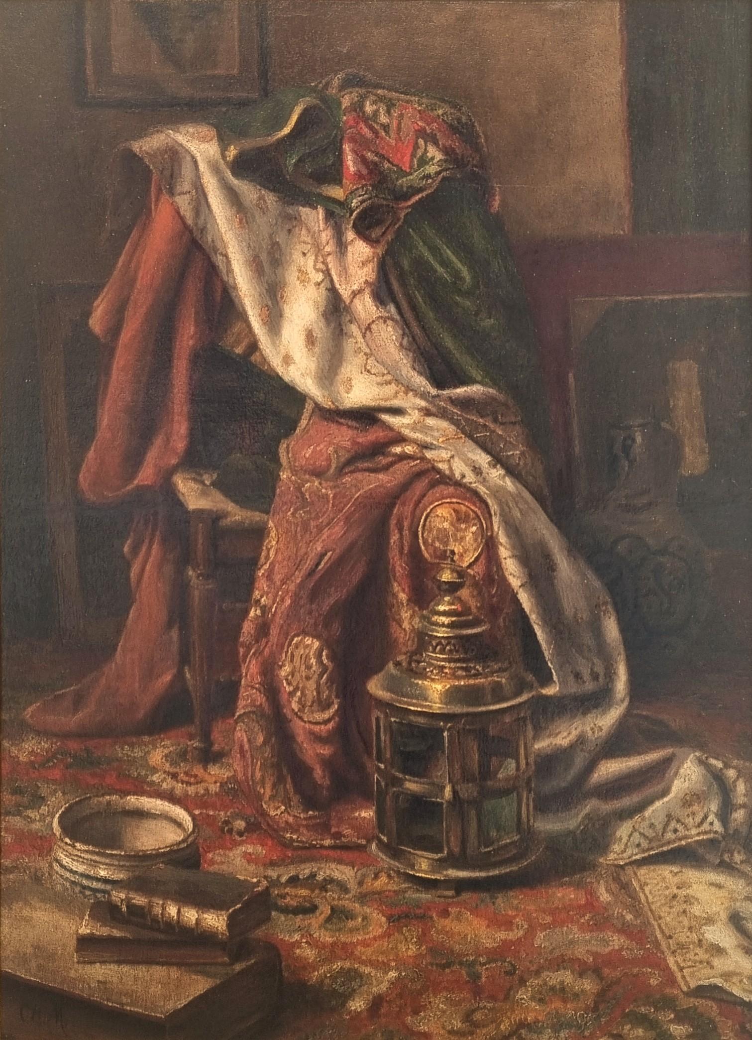 Charles Monginot Still-Life Painting - French Academic Painting MONGINOT Orientalist Still Life Lamp Carpet Books 19th