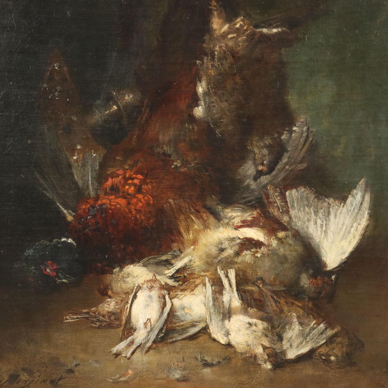 Still life with birds 19th century - Other Art Style Painting by Charles Monginot