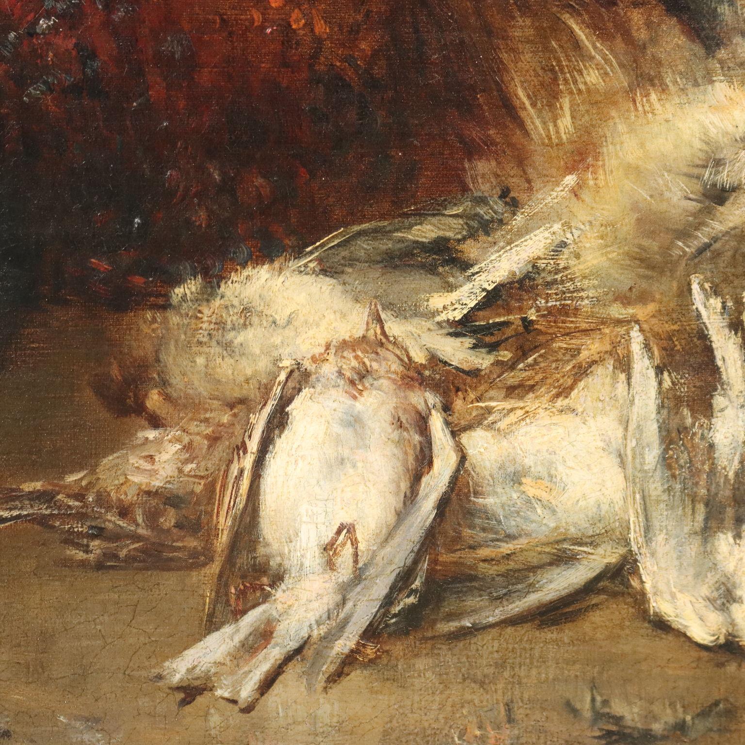 Oil on Canvas. Signed in lower left hand corner.
French painter Charles Monginot became known for his paintings of still lifes and genre scenes, with recurring references to the world of hunting, as in this work.
His works are characterized by