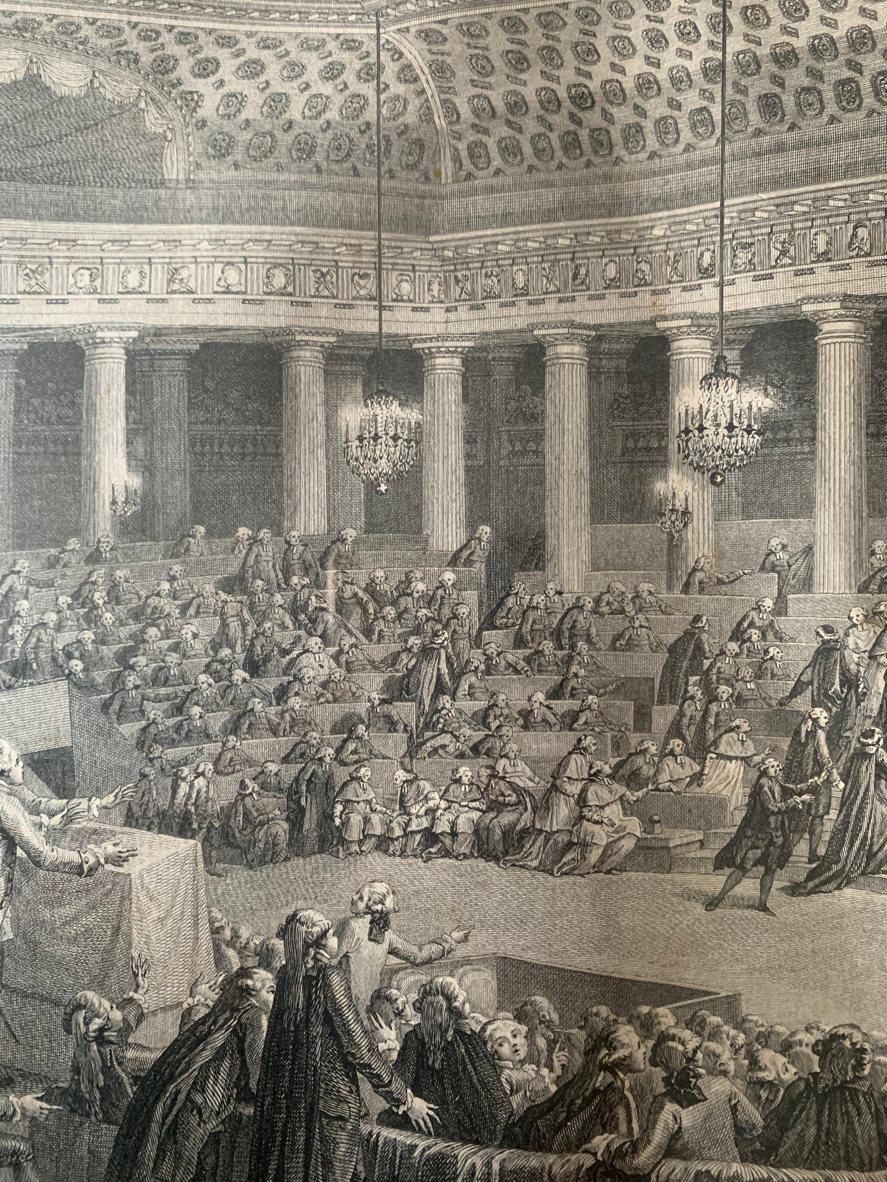 This engraving represents the National Assembly in the night of August 4 and 5, 1789 realized by Isodore Stanislas Herman after the work of Charles Monnet.It depicts the abandonment of privileges decided by the national assembly. This assembly was