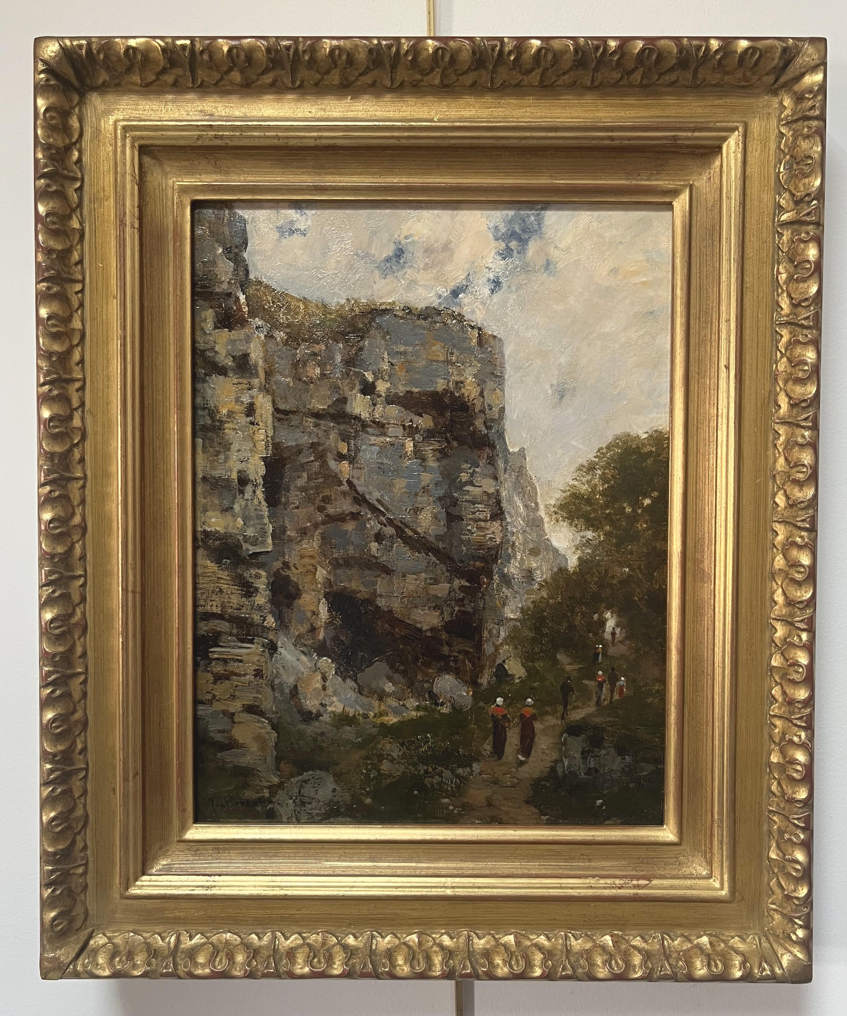 Charles Montlevault (1835-1897) Promeneurs le long d'une falaise, peinture à l'huile signée - Painting de  Charles Montlevault.
