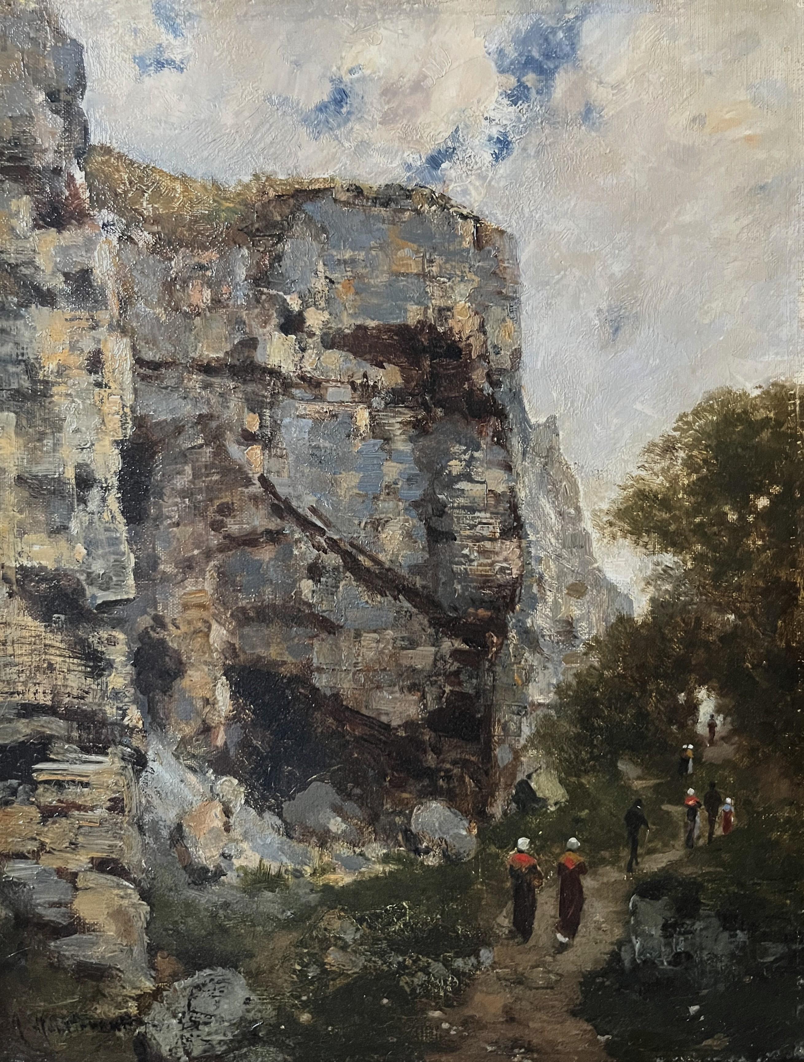 Charles Montlevault (1835-1897) 
Promeneurs le long d'une falaise
Signé en bas à gauche
Huile sur toile
35 x 27 cm
en bonne condition 
Encadré  48 x 39.5 cm

La manière dont le tableau a été exécuté est caractéristique du style de Montlevault, tel
