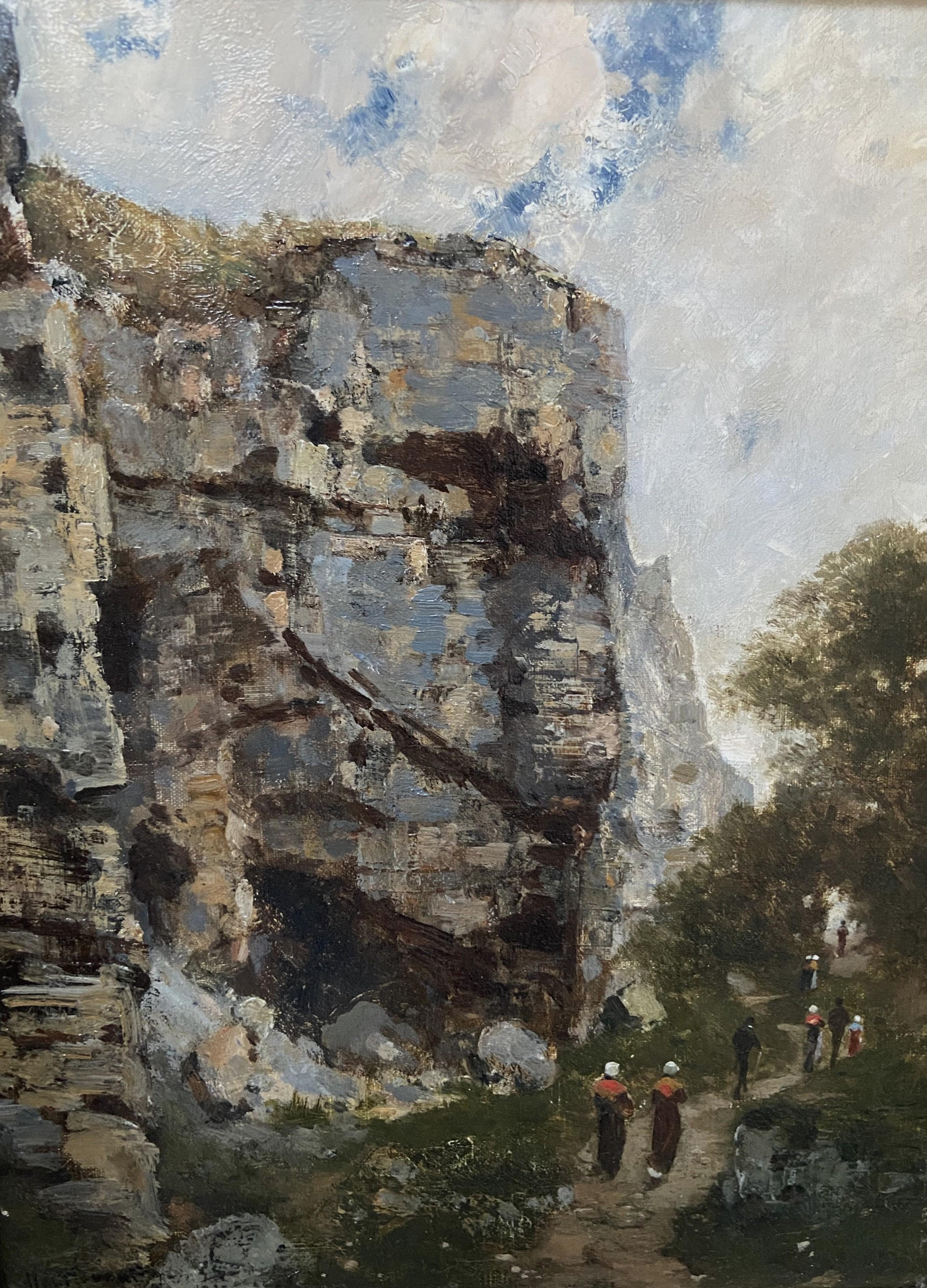 Figurative Painting  Charles Montlevault. -  Charles Montlevault (1835-1897) Walkers le long d'une falaise, peinture à l'huile signée
