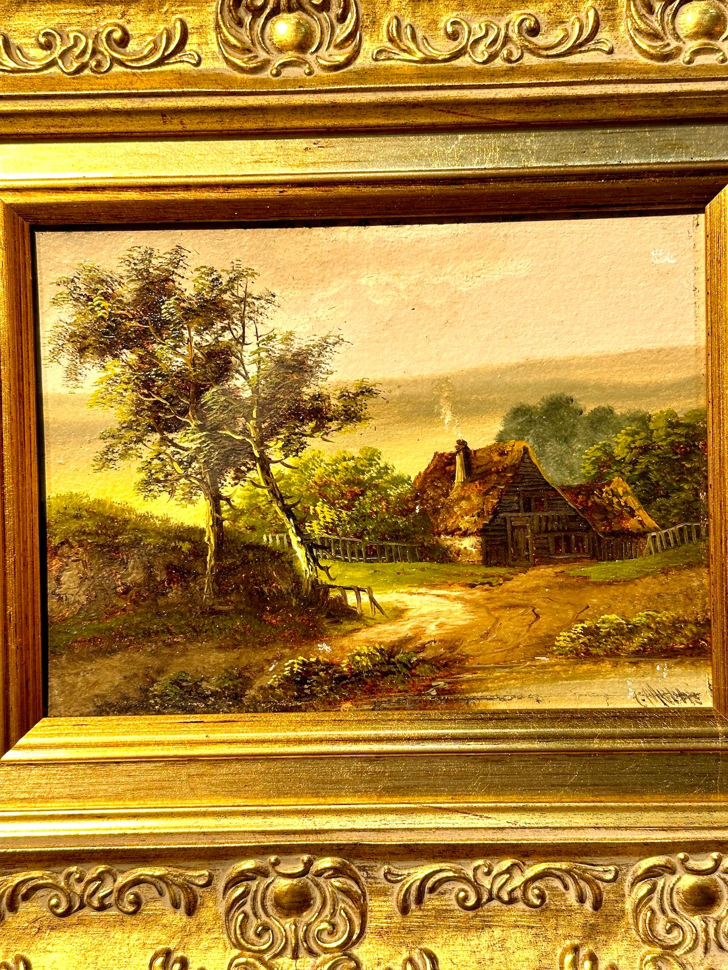 Paesaggio inglese del XIX secolo con cottage vicino a uno stagno - Painting di Charles Morris